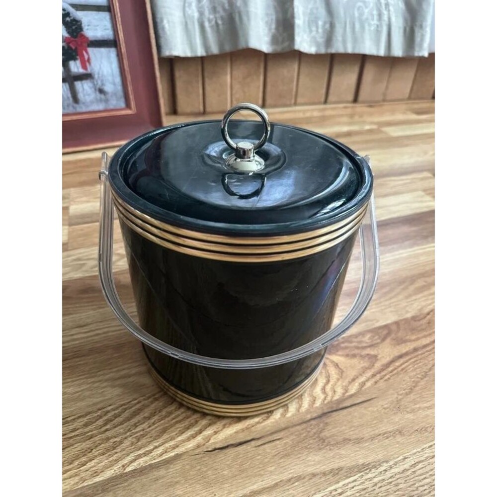 Vintage 1970's Ice Bucket Lucite Handle Black Plastic Retro Barware USA